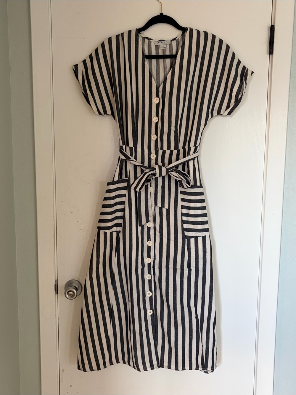 FAVLUX Dark Grey and White Striped Button-Front Midi Dress with Tie Waist